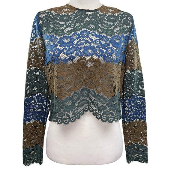 Sandro Paris Blue Green Brown Stripped Floral Lace Shear Crop Top Size 2 / US 6 - Picture 1 of 9